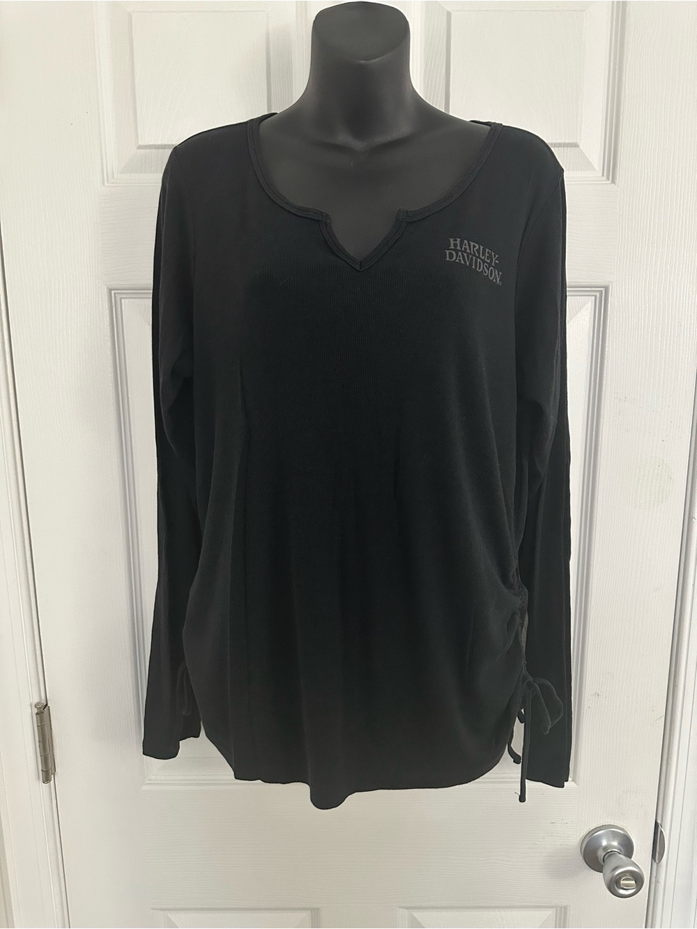 Harley-Davidson Women’s Black Long Sleeve V-Notch Knit Top with Side Tie